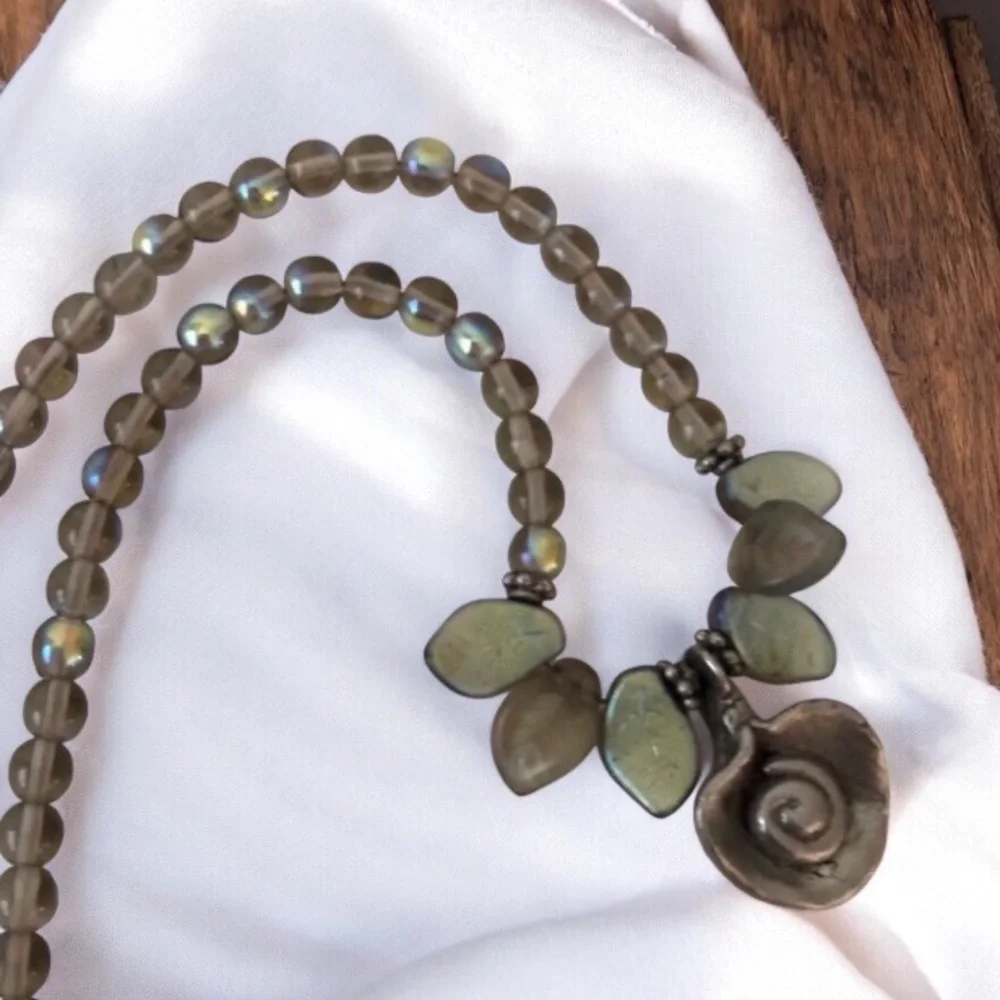 Czech-Style Glass Leaf Pewter Center Fire-Polished Beaded Necklace